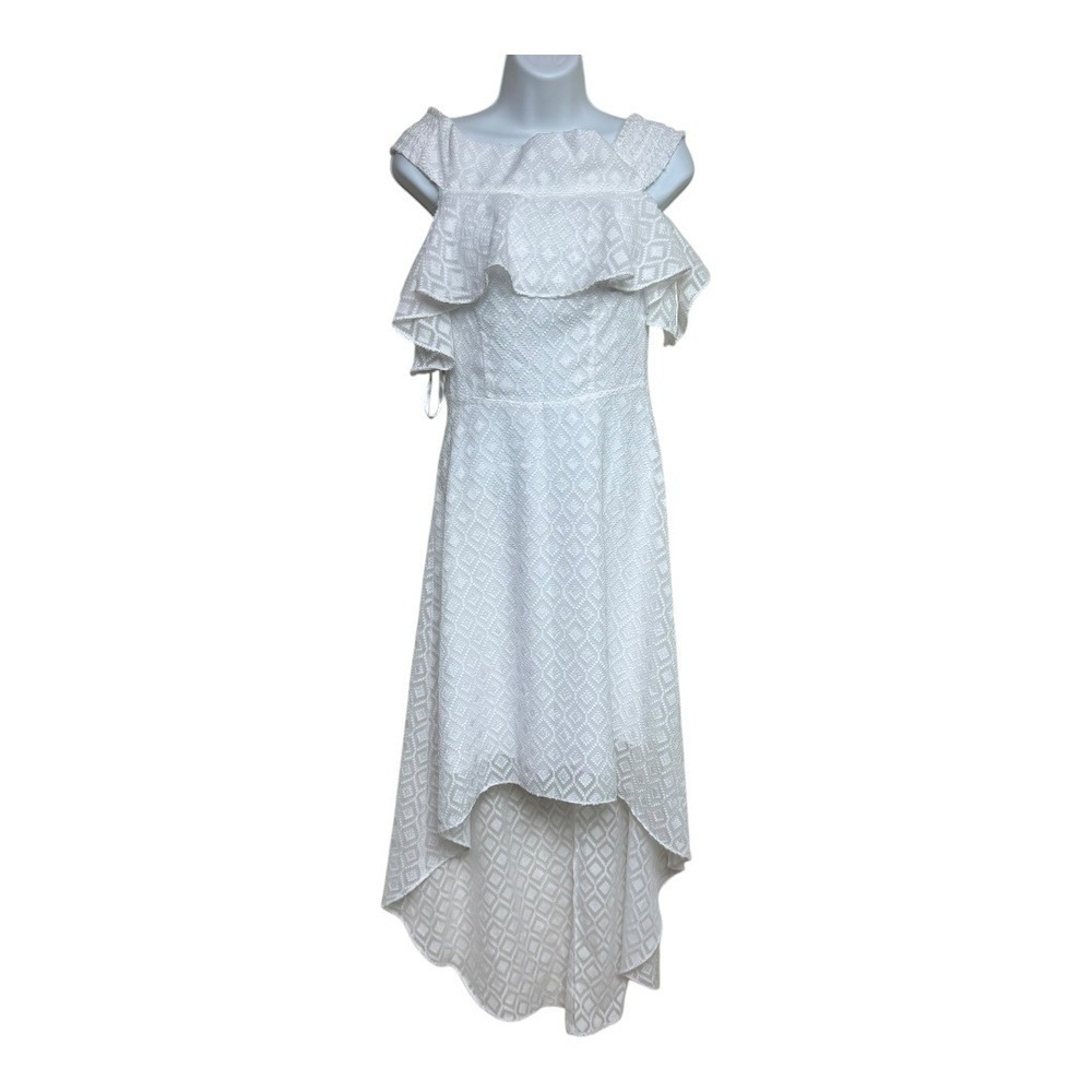 Bebe White Lace Cold Shoulder Ruffle Hi Lo Midi‎ Dress Women's Size 4